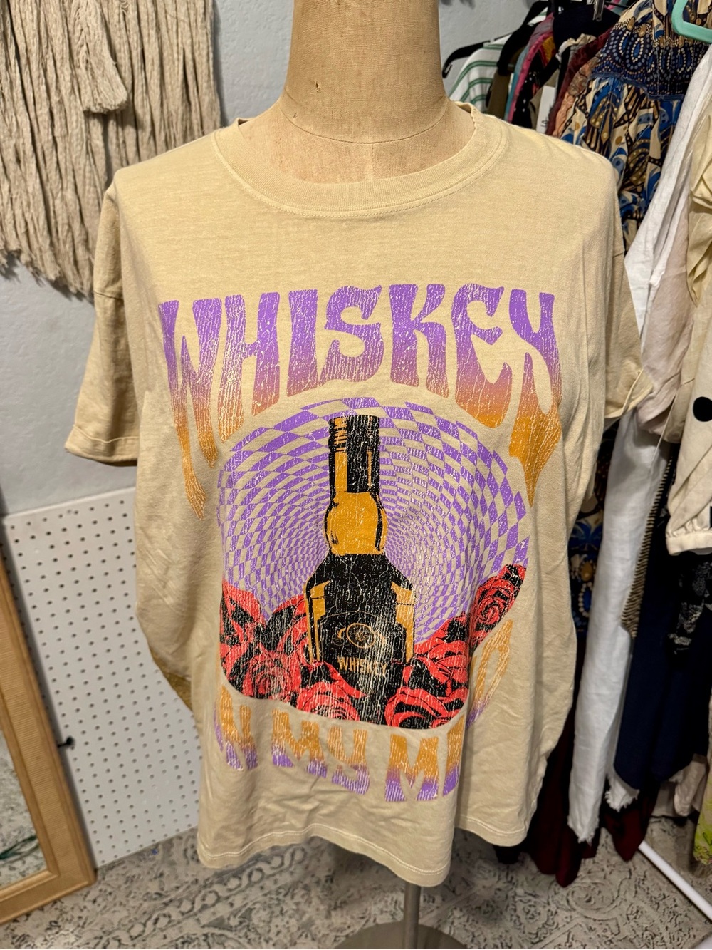 Upcycled Beige ‘Whiskey’ Graphic T-Shirt size Medium
